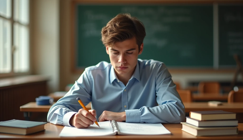 A 17-22-year-old boy is sitting in a classroom and reading the question paper,