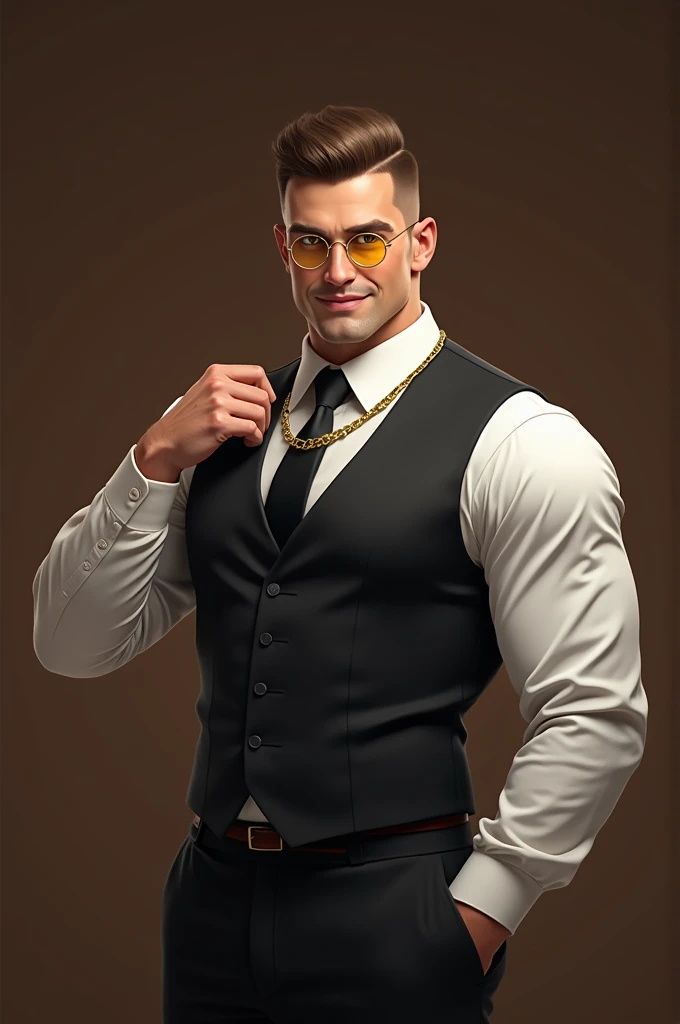 (masterpiece,best quality,ultra_detailed,highres,absurdres),1 mature male, 30-ish, (wide shoulder), (muscular), male focus, solo, brown undercut hair, chain, shirt, black necktie, necktie, simple background, yellow eyes, upper body, vest, short hair, looking at viewer, smile face, parted lips, collared shirt, round eyewear, long sleeves, hand on own shoulder, white shirt, brown background, black vest, monocle, jewelry.