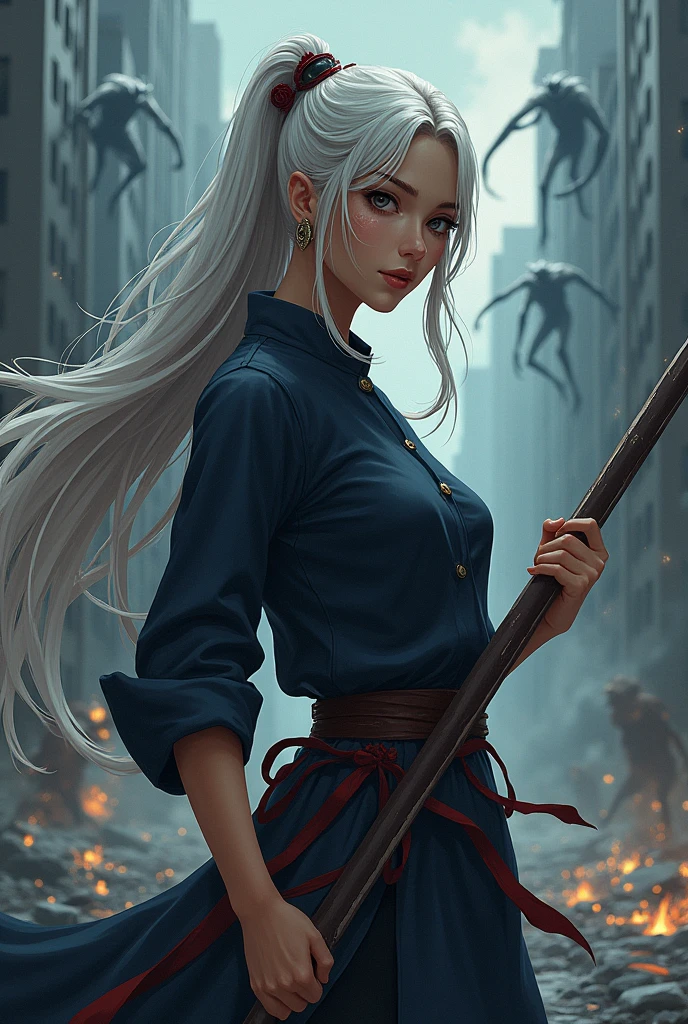 (anime:1.2), adult woman, wearing loose deep navy qipao dress, deep navy shirt with golden button, platinum hair, medium tan skin, extremely long hair, no bangs, black eyes, relaxed pose, strong and stoic expression, holding a spear, image shot from her side, detailed face, blood splattered across her clothes, monsters in background, broken city in background, cold colors, night sky, dark background, lighting from the front