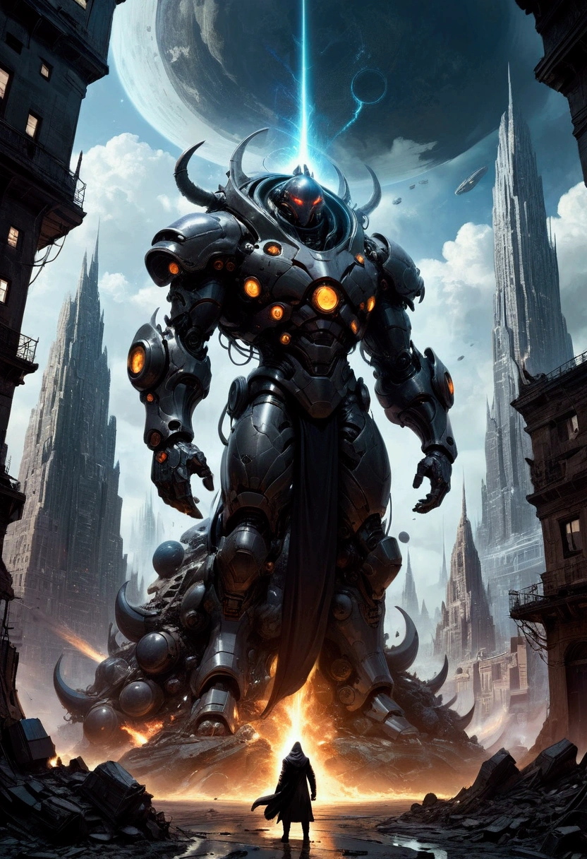 Giant Weapon, The sinister looking giant weapon fires and destroys the whole city; spectacular nontrivial intricate complex thoughtful spooky scary menacing doomy heroic sci-fi cosmic concept art by Marat Zakirov, Gordei Krasnov, Carsten Stueben, Juan Camilo Vallejo, John Picacio, James Suret & Niyas CK, masterpiece, best quality, very aesthetic, absurdres