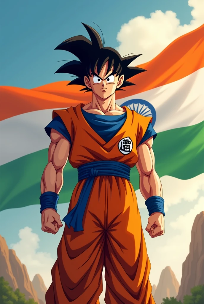 Goku standing with India flag