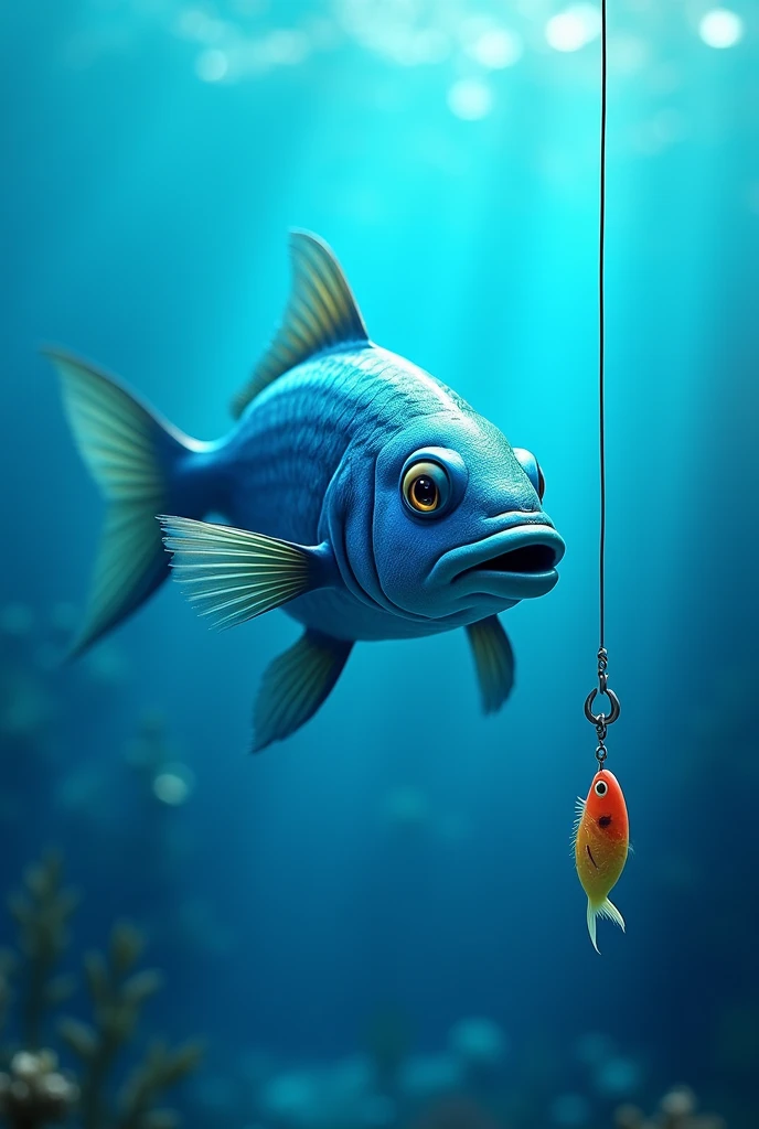 Bright blue fish with scales approaching a hook with bait.