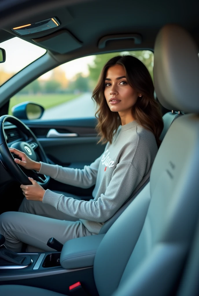 A beautiful Hispanic woman driving a latest generation electric Volkswagen with a rear seat view of the car's pedals. She's wearing pants and a Volkswagen sweater