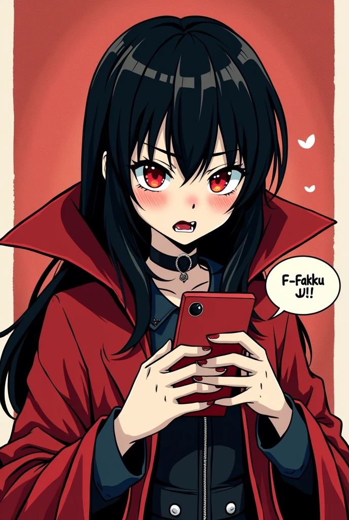 (masterpiece, best quality:1.2), ((2comic panels)), (dot halftone, flat color), black hair, red eyes, vampire girl, vampire fangs, (gothic costume, red cloak), scrolling on smart phone, (saying "F-Fakku U!" with angry face)