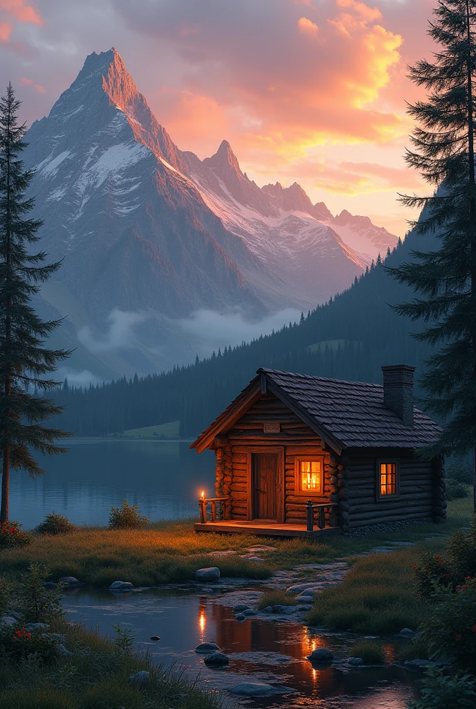 cabin, Mountain, yellow light, Sunset, candle, landscape, lake
