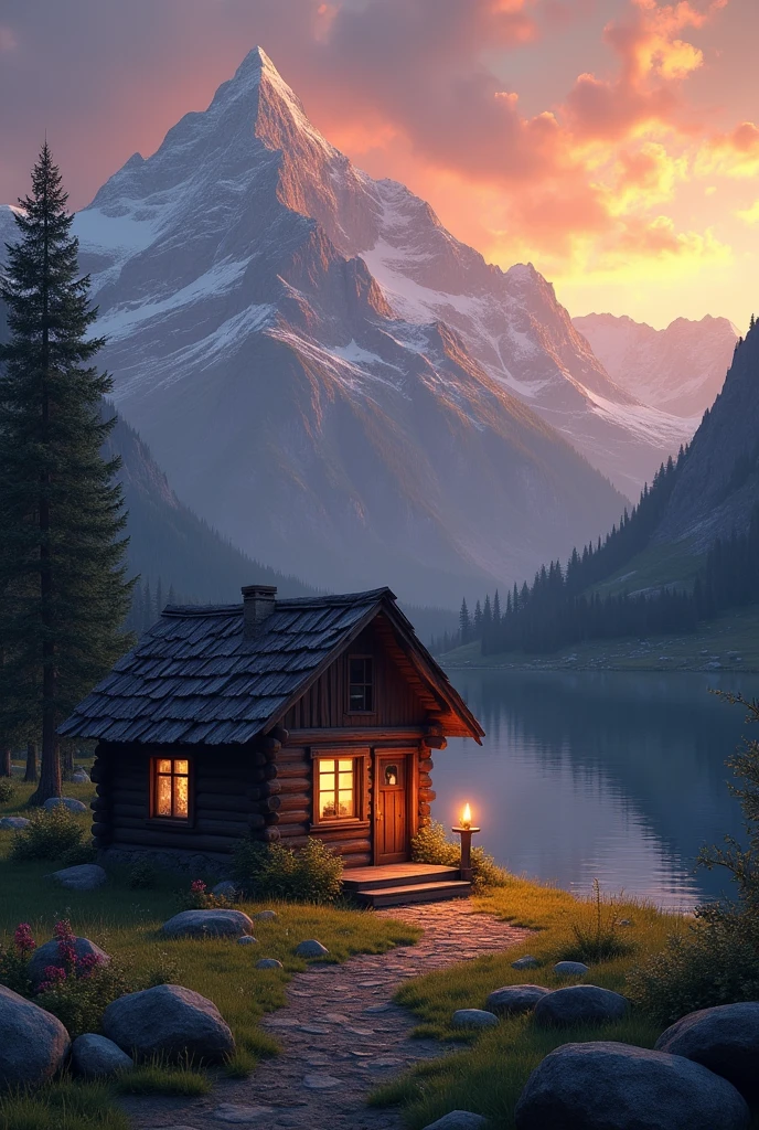 cabin, Mountain, yellow light, Sunset, candle, landscape, lake