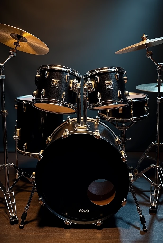 rack drums set, two pedals, black and gold drums, black cymbals