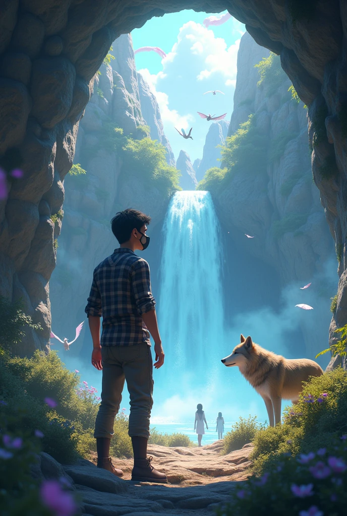 A handsome man age 22 wearing a mask, medium built wearing a checked shirt looking back. He has scratch wound in hand. He is in cave and waterfall  is gateway to magical parallel universe with wolf in background with two girls and dragons flying. Make it an 3D animation.