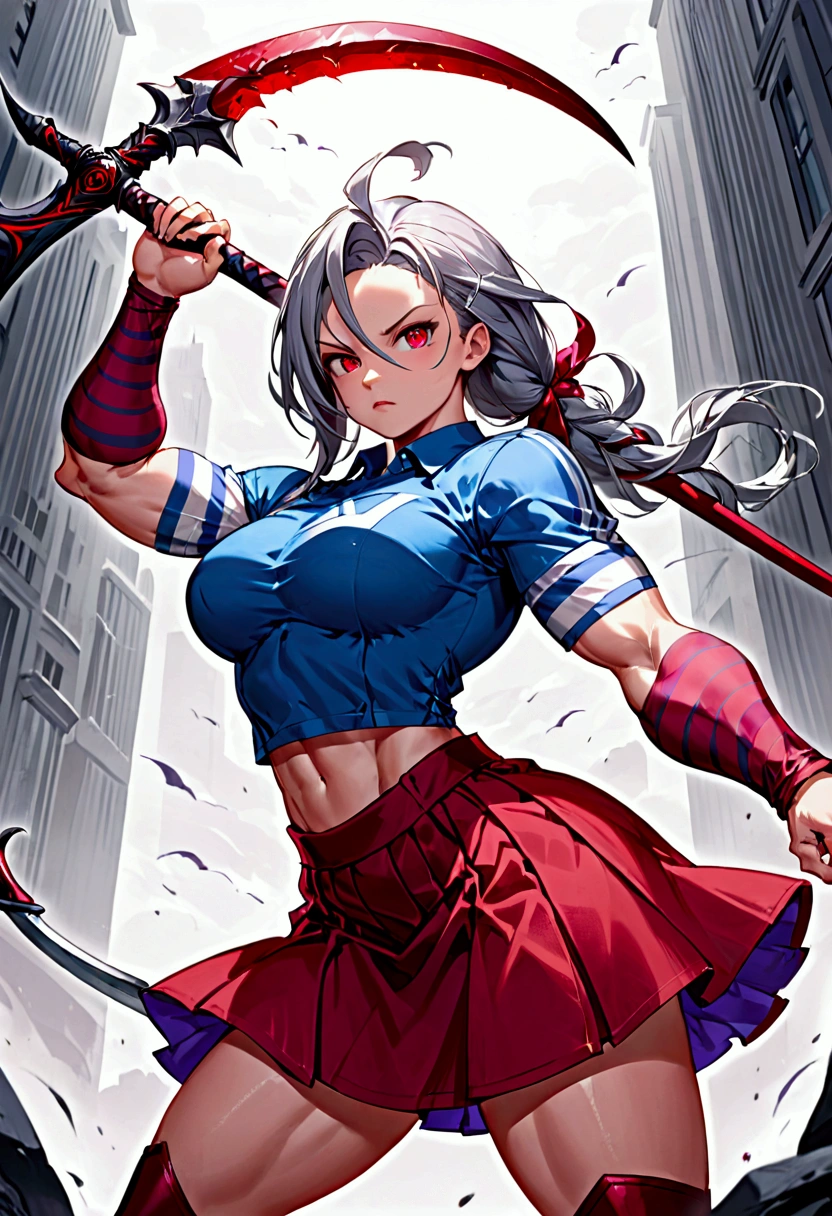 A vixen young witch with massive biceps (muscular size, huge muscles) eye_color (ruby red eyes) outfit (blue shirt with grey and white striped sleeves and a purple skirt) wielding a deadly weapon (a silver Scythe with red veins and a green eye on it) awesome, cute, dark, max quality, intense, extreme, epic
