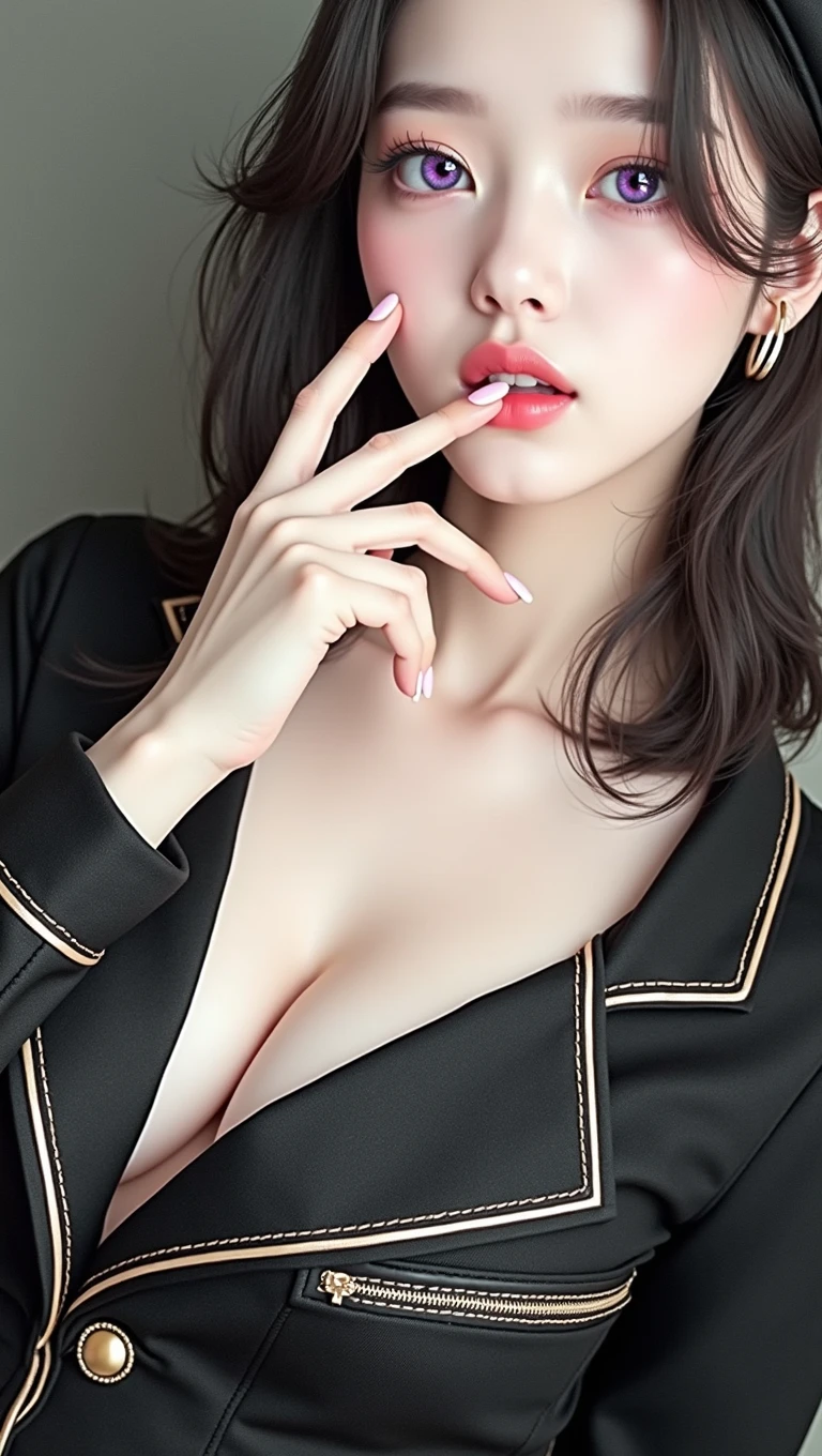 Ulzzang-6500-v1.1:0.2, 1 girl,Beautiful vintage colors, Instagram (photorealistic, high resolution:1.4), ((Bags under the eyes)), look at viewer, , full body (8ก, raw photos, best quality, Masterpiece:1.2), (realistic, photo-realistic:1.37),(Sharp focus:1.2), professional lighting, Photon mapping, ray, Physical rendering, (Pale skin:1.2),(small breasts:1.2), look at viewer, (medium hair:1.5), Portrait, purple eyes, (I'm a splinter.:1.1),smooth, (พื้นหลังที่smoothง่าย:1.4), alone, upper body, realistic,(Masterpiece:1.4),(best quality:1.4),(Shiny skin),Fashi girl,put on makeup,smile(thin,gag,shy :1.3) ,(stand,black stewardess uniform),Medium bust,sexy pose