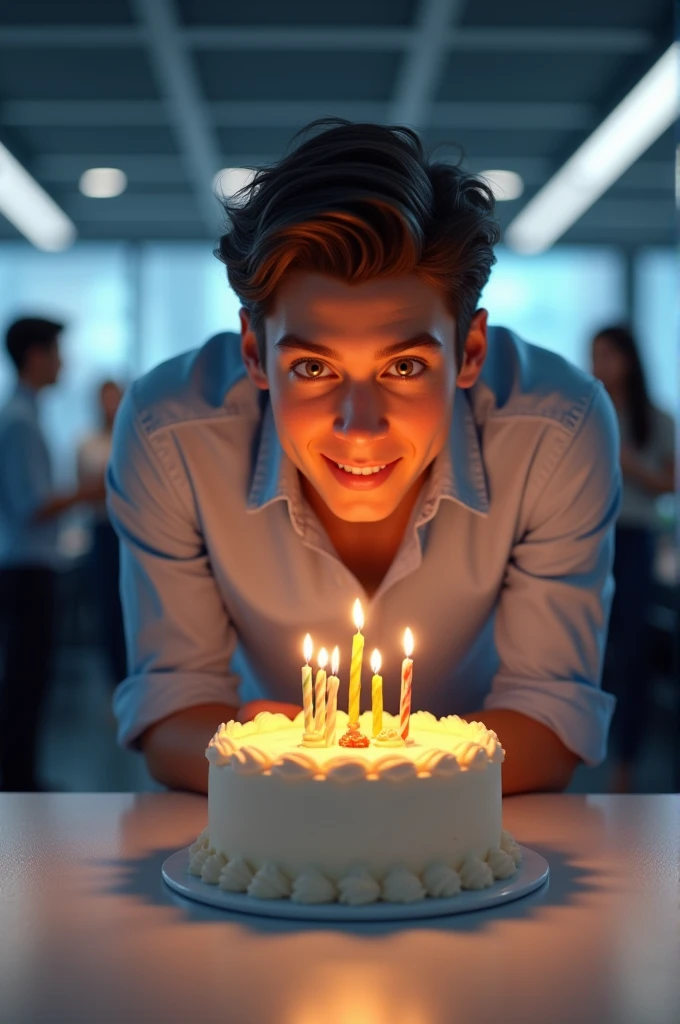 Young computer systems engineer blowing out his cake