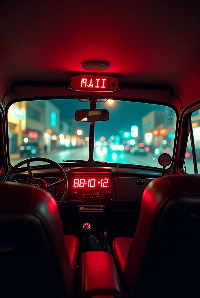 A taxi cab with a Latin American internal taximeter and a large panoramic area that displays a value of 10 on its red displays.:15, having a night background in a Latin American country, and looking like a photo taken with a low-end cell phone.