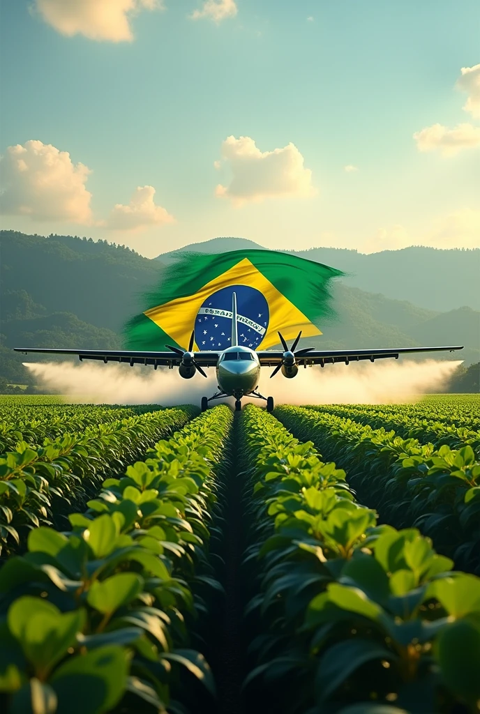 4K image of an agricultural airplane applying pesticide to a soybean plantation with the Brazilian flag in the background