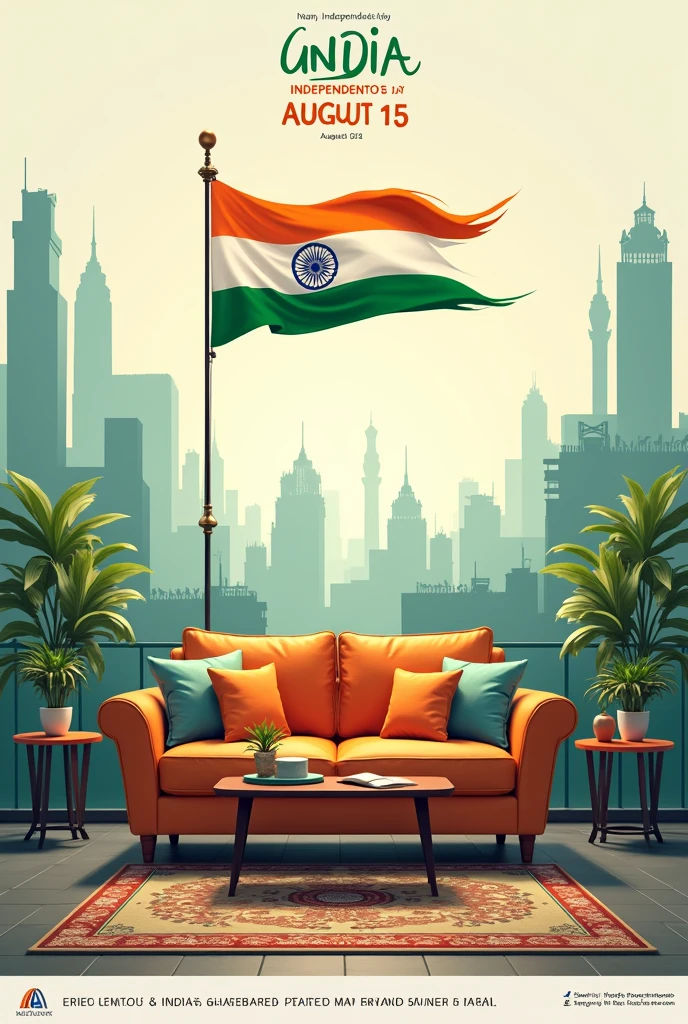 Generate an poster image for arcus furniture & interiors Vasai West on the occasion of independence day 15 August 2024 