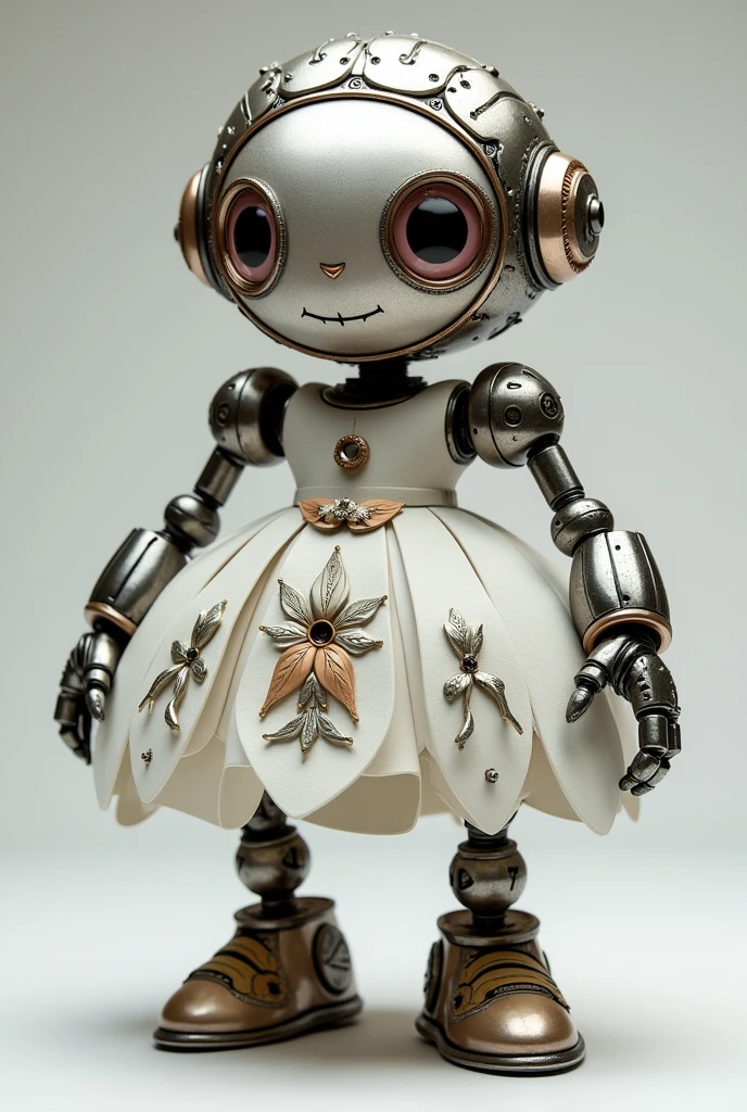 Mechanical object inspired by the Marguerite, with a round metallic head in the shape of a circle, with metallic petals on its metallic Marguerite-shaped head, magnificent arms on it, a ball-shaped body in the shape of a metallic circle with a white dress that hides half its legs with Marguerite petals, light pink eyes, metallic point feet with Marguerite petals symbols, and a round mouth on it.