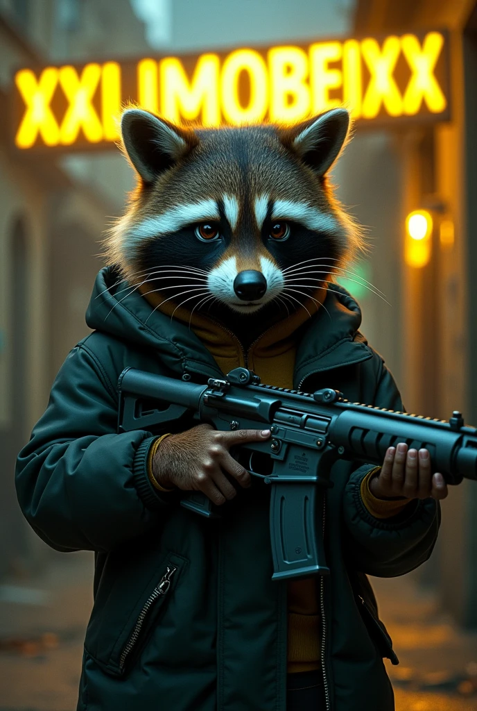 A cool raccoon with a weapon in its paw and under the bear should "XXLIMOBEIXX" are written in neon yellow