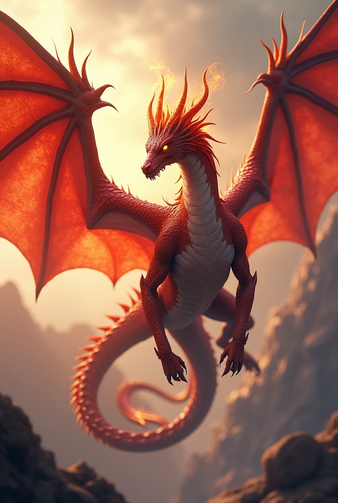 a dragon with a red skin with four wings and a fire hair