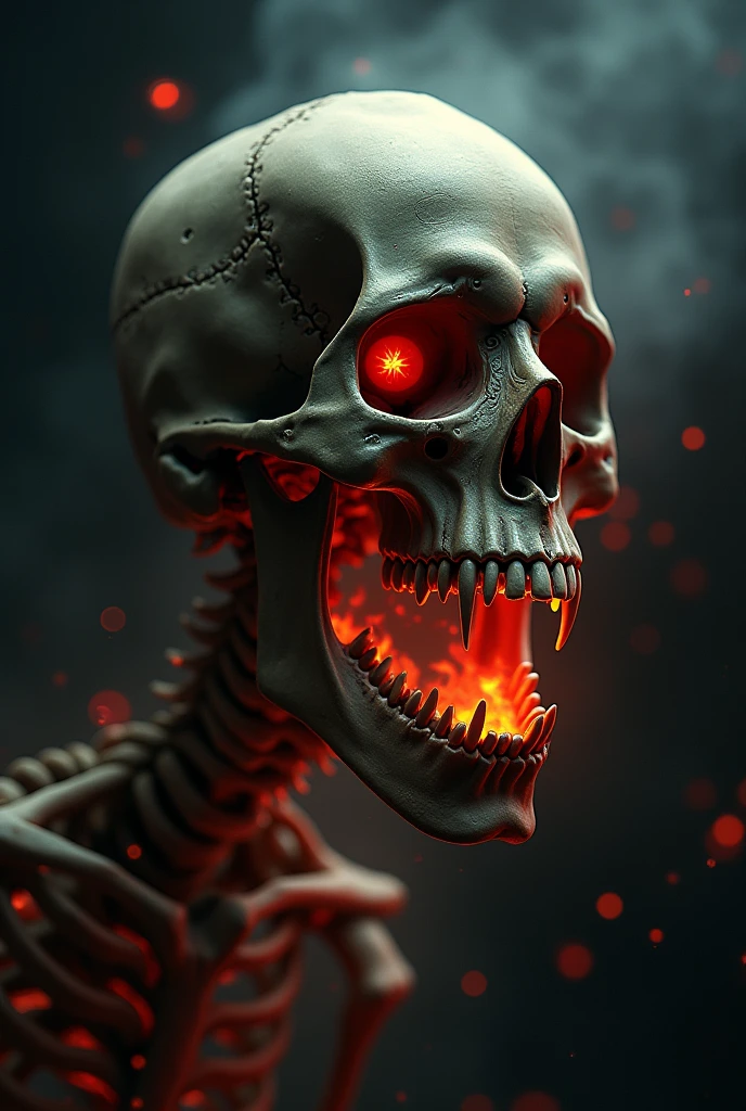 Skeleton skull side head with screaming vampire teeth on fire
