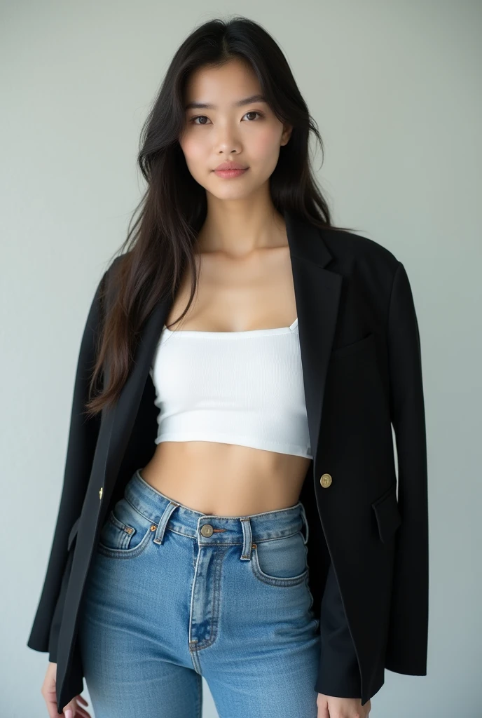 Asian Girl wearing a withe crop top with black jacket and blue narrow jeans