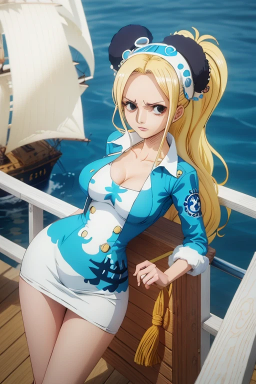 A woman wearing white and blue clothes with the name Marina and the navy symbol in the one piece style