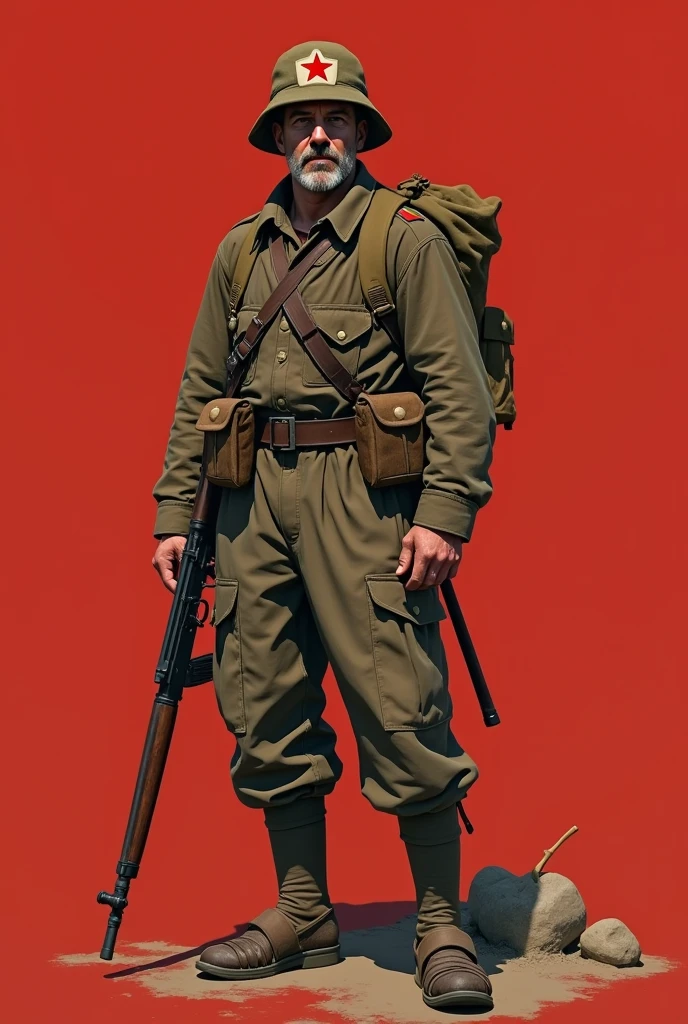 Skin: The soldier usually wears a brown or dark green military shirt, with rough fabric material, knotted at the chest, no collar. Long pants are also made of rough fabric, brown or green similar to the shirt, spacious for easy movement. His feet usually wear rubber sandals, made from old tires.
He wears a hat: On his head he wears a pith helmet, the type of hat made from pressed grass or hard plastic, covered in khaki green fabric. The hat usually has a red star or badge attached.
weapon: The soldier usually carries a rifle (Mosin-Nagant or Mauser type), worn on the shoulder with a leather or canvas strap. next to, can carry ammunition pouches on the side, or carrying grenades.
other equipment: Usually wear a backpack or shoulder bag (a type of canvas or leather bag), containing food, drinking water and personal belongings. He can also carry a shovel, small hoe or bayonet, used for digging trenches and defense.
Appearance: Usually keep hair short and neat, or cut close to the head. Skin can be tanned, his face seems tough, full of determination. The soldier usually has a neat appearance, although simple, it exudes a determined demeanor, ready to fight.
The logo features a red star on a red background.