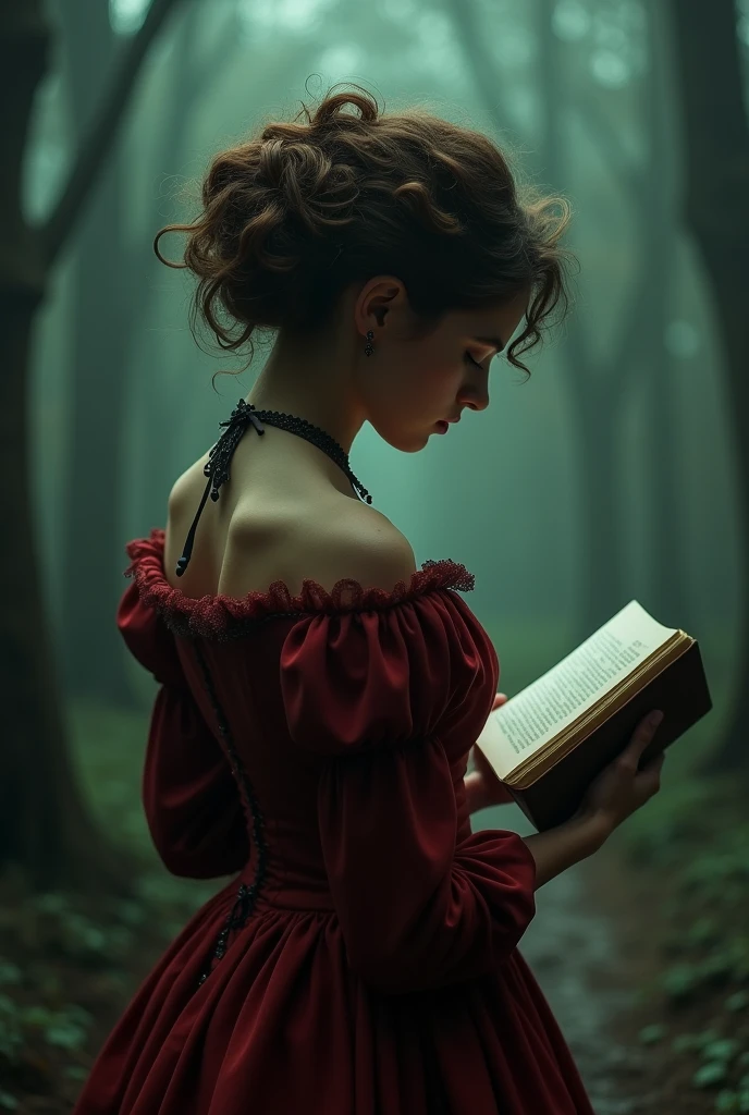 A Victorian woman, a lady, human. She has brown hair and it's curly but without much volume, she wears her hair with a opened hairstyle. She wears a red-greenish colored dress out of the 1721, a bit English touched. It's for my vampire novel so it should have a dark touch.
Right now, her back is turned to the camera, so we look kind of over her shoulder and we don't see her face. She is reading a book at the moment
Make it more look like a book cover for a vampire novel.
MORE VAMPIRE ATMOSPHERE!!
She has a open hairstyle
She's human, but the atmosphere is dark.