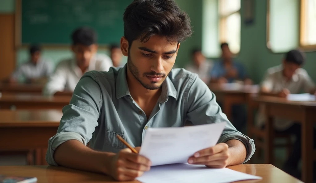 A 17-22-year-old boy is sitting in a classroom and reading the question paper,indian environment 