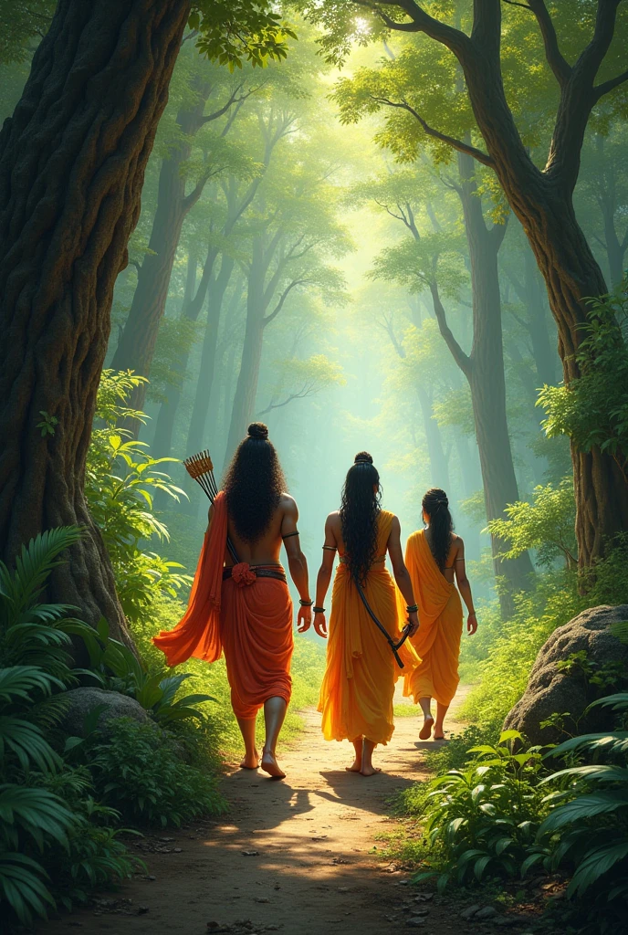 Ram, Lakshman, and Sita walking through a dense, lush forest with towering trees, sunlight filtering through the leaves. Sita looks serene, while Ram and Lakshman are alert, holding their bows."