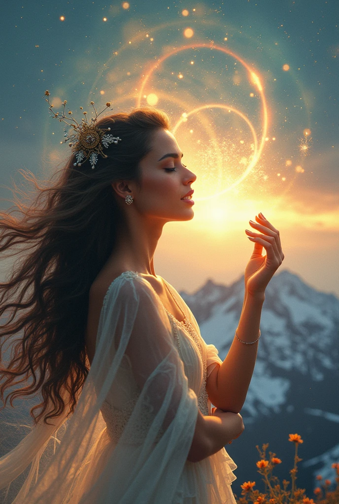 Beautiful Latin American woman dreaming of a vivid and detailed reality, representing the capacity of consciousness to create imaginary worlds. From her open mouth, light emerges that represents her soul.
Ethereal glow surrounding, intricate backdrop with celestial motifs, bathed in ambient warm light, digital painting, ultra fine detail, spiritual aura, ornate celestial. A woman is standing with her hand raised, and small mountains stand on a high mountain under morning winter clouds.