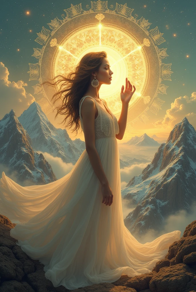 Beautiful Latin American woman dreaming of a vivid and detailed reality, representing the capacity of consciousness to create imaginary worlds. From her open mouth, light emerges that represents her soul.
Ethereal glow surrounding, intricate backdrop with celestial motifs, bathed in ambient warm light, digital painting, ultra fine detail, spiritual aura, ornate celestial. A woman is standing with her hand raised, and small mountains stand on a high mountain under morning winter clouds.