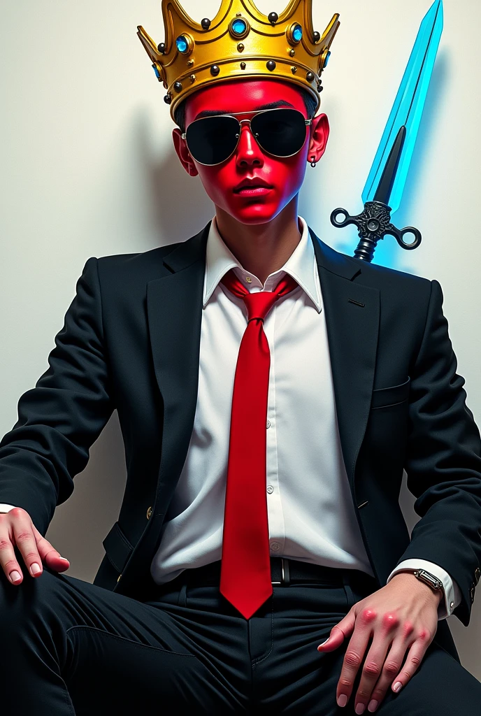 A 17 year boy white shirt black coat and pant full on red face and wearing black sunglasses in a sitting position and wearing a yellow crown with gems and a red tie with a cool blue sword in his hand
 