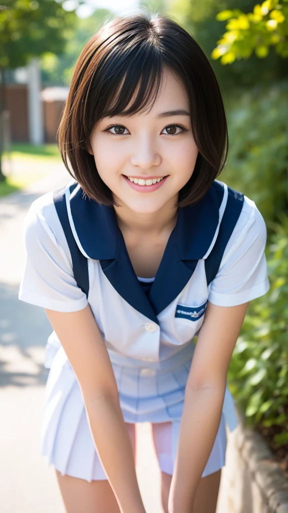 Pure young Japanese school girl, sexual attractive, wearing summer uniforms, no makeup, natural black short hairstyles, sweet smile, soft summer sunlight, feeling soft breeze in hair, professional pin-up portrait photography