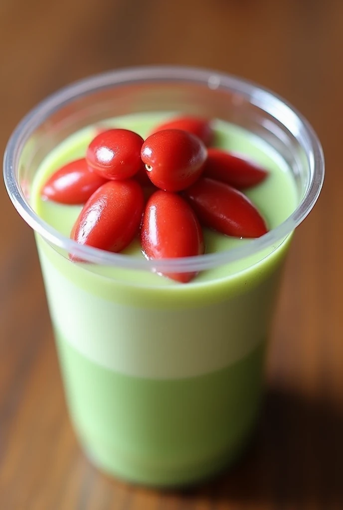 Small matcha Pudding with red beans And red bean water on top in a clear plastic small cup