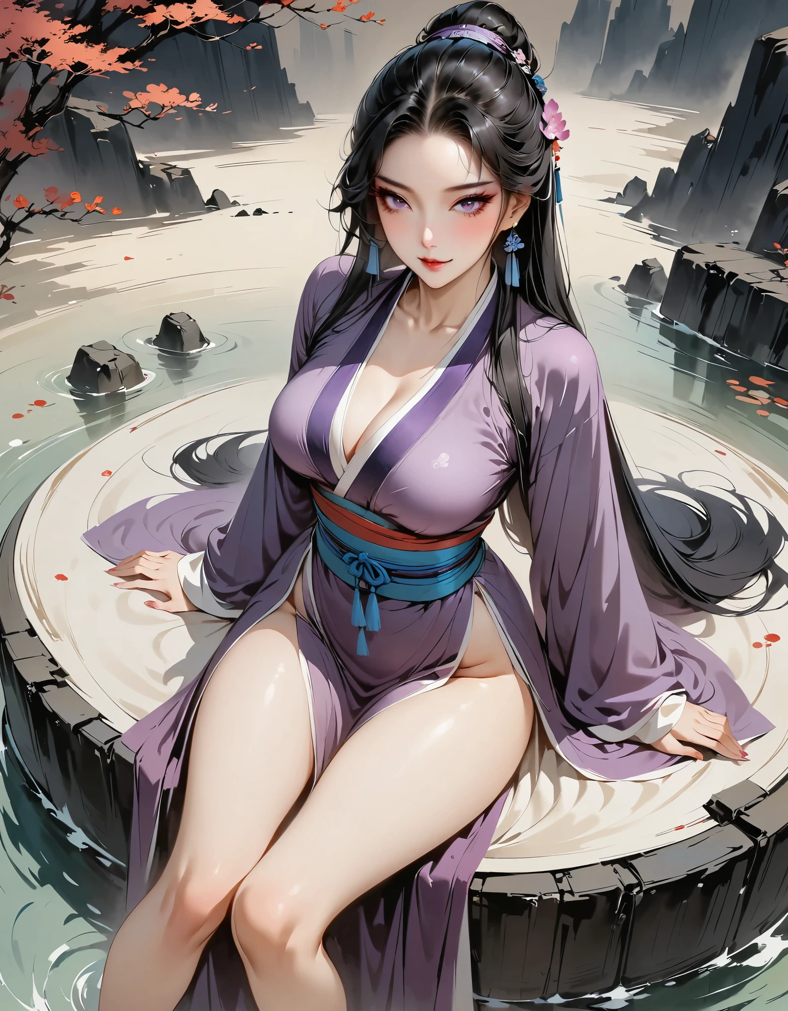 (Masterpiece, best quality:1.2), 1 girl, Hanfu Purple, (Dress conservatively:1.3), Delicate and beautiful face, mature, smile, long black hair, purple eyes, sit, Long legs, Slender legs, (Slender legsยาว:1.2), Barefoot, (Ink stains) beautiful figure painting, Clothing ink style, traditional Chinese painting, Bismuth squid, from above, Masterpiece, Highly detailed