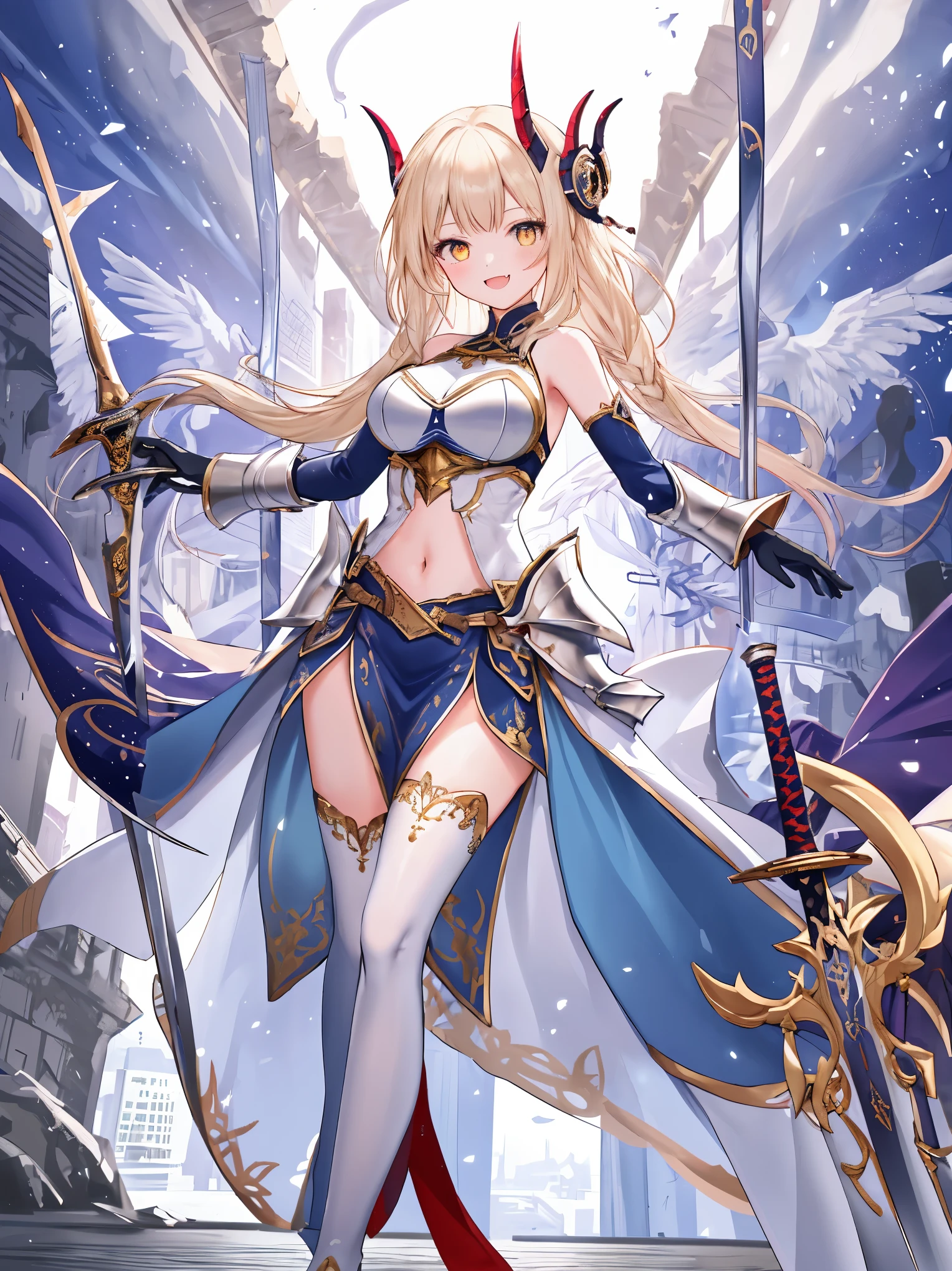 fantasy, 1devil_girl, low_teen, platina_blond_hair,long_bangs,, bare_shoulder, navel out, thighhighs,silver_armor, red_clothes,waist_armor, Glebe, hold_swords, large_breasts, dynamic_posing,(pelvic_curtain:1.3), silver_Headgear ,looking_down_at_sunrise_city_sky_background,,slightly_spread_legs, some_swords,some_swords_floating_around_the_girl,solo,horn ,smile,,open_legs,open_arms,rise_knee,rise_leg,rise_thigh,rise_leg,forward_leaning_posture,apart_legs,fang,Shiny_gold_eyes,crotch
