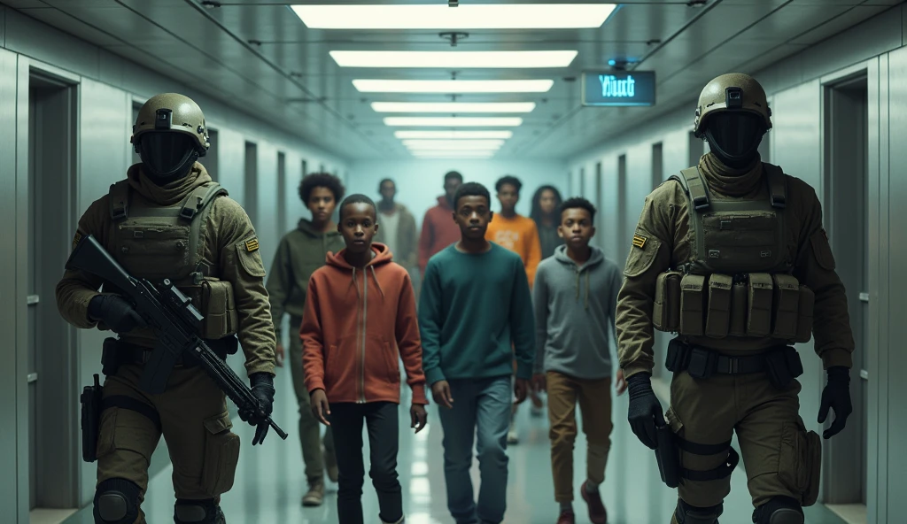 image of a african american youths in a modern facility being escorted by two soldiers in a a room