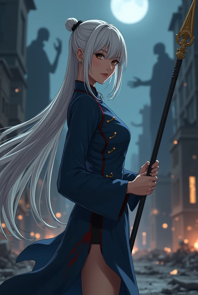 (anime:1.2), adult woman, wearing loose deep navy qipao dress, deep navy shirt with golden button, platinum hair, medium tan skin, extremely long hair, no bangs, black eyes, relaxed pose, strong and stoic expression, holding a spear, image shot from her side, detailed face, blood splattered across her clothes, monsters in background, broken city in background, cold colors, night sky, dark background, lighting from the front