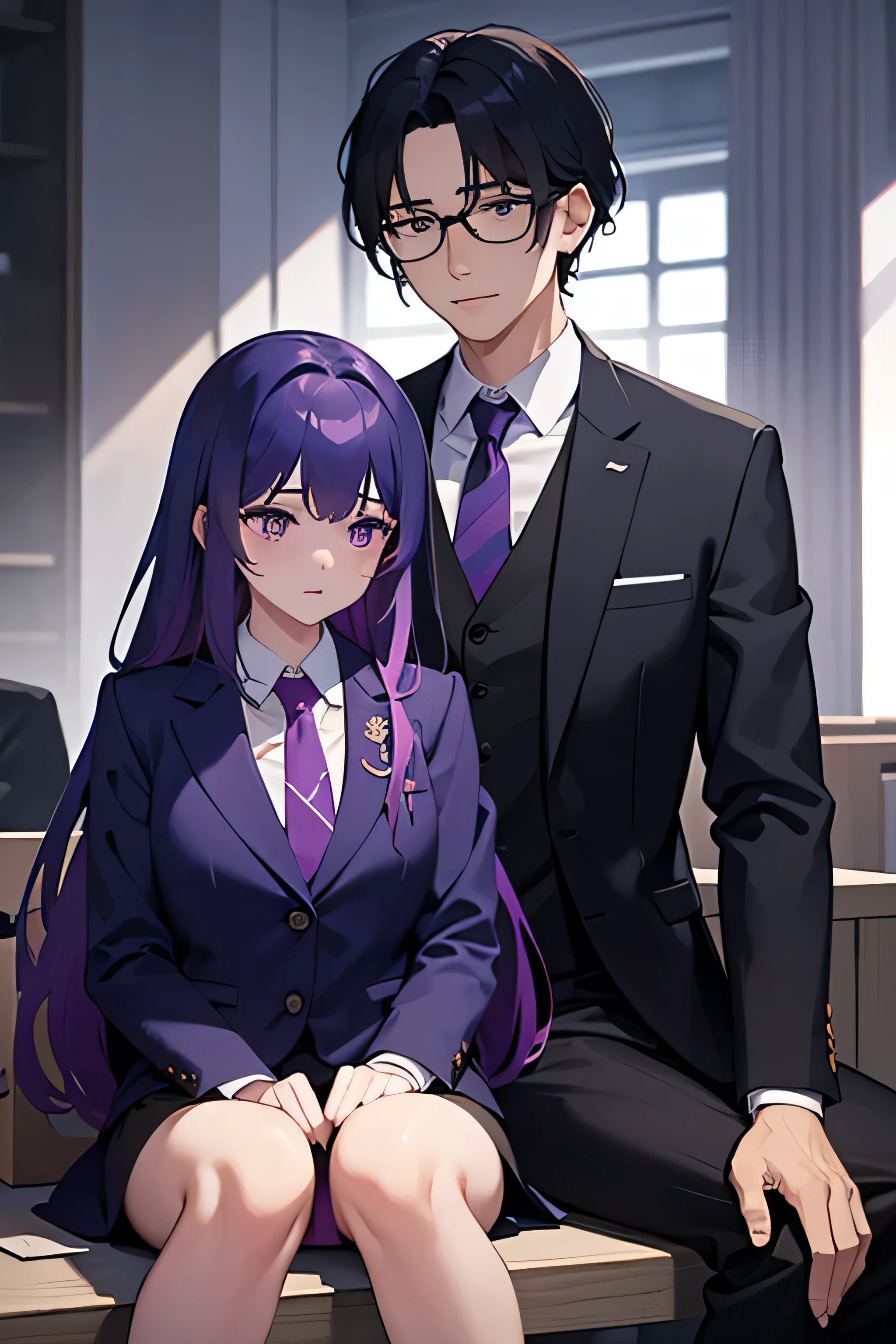 there is a man and woman sitting on the floor with a purple ribbon, highlight scene of the movie, purple tie, guy using the purple fancy suit, jiyun chae, violet colored theme, sangsoo jeong, wearing a strict business suit, still from a movie, inspired by Kim Eung-hwan, in office, scene from a movie, violet theme