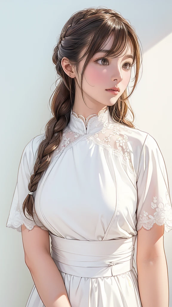 (((Simple configuration)))、(((The background is a white wall:1.2)))、、Large Breasts、Perfect ???????、Picturesque、sketch、Very delicate、Cloud-like wall、French Braid、carefully drawn hair、Floral、Delicate depiction、Abstract、Bright colors overall、Gentle color、Taisho Romance、(masterpiece、Highest quality、Highest quality、Official Art、Beautiful, beautiful:1.2)