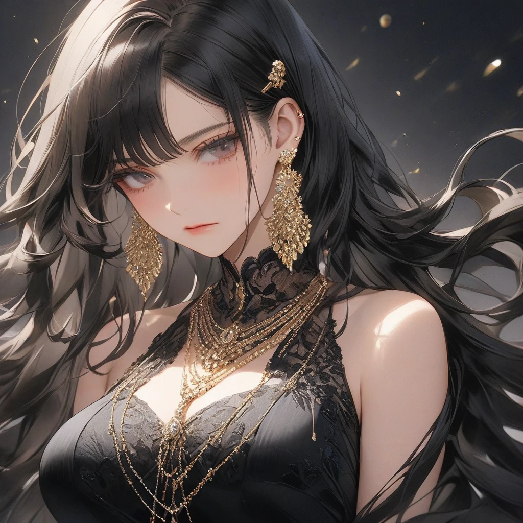 high resolution, Masterpiece, Anatomically correct, precise, qualityที่ดีที่สุด, quality, 1 woman, Age 25 years,very long hair, black hair, Uneven hairstyles, big breasts, earring, Dark makeup, A sad expression., simple background, Close-up photography, decorations, Anime style, Wearing a black dress,luxurious,Wealth,millionaire,mature woman ,dress luxurious,looking sad