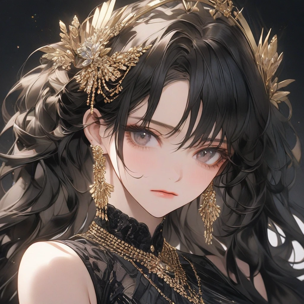 high resolution, Masterpiece, Anatomically correct, precise, qualityที่ดีที่สุด, quality, 1 woman, Age 25 years,very long hair, black hair, Uneven hairstyles, big breasts, earring, Dark makeup, A sad expression., simple background, Close-up photography, decorations, Anime style, Wearing a black dress,luxurious,Wealth,millionaire,mature woman ,dress luxurious,looking sad