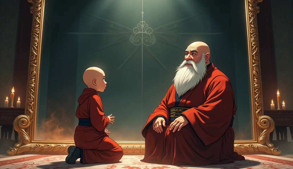Young monk student sitting and talking with his old fat master monk in front of huge mirror in a room, in anime style,