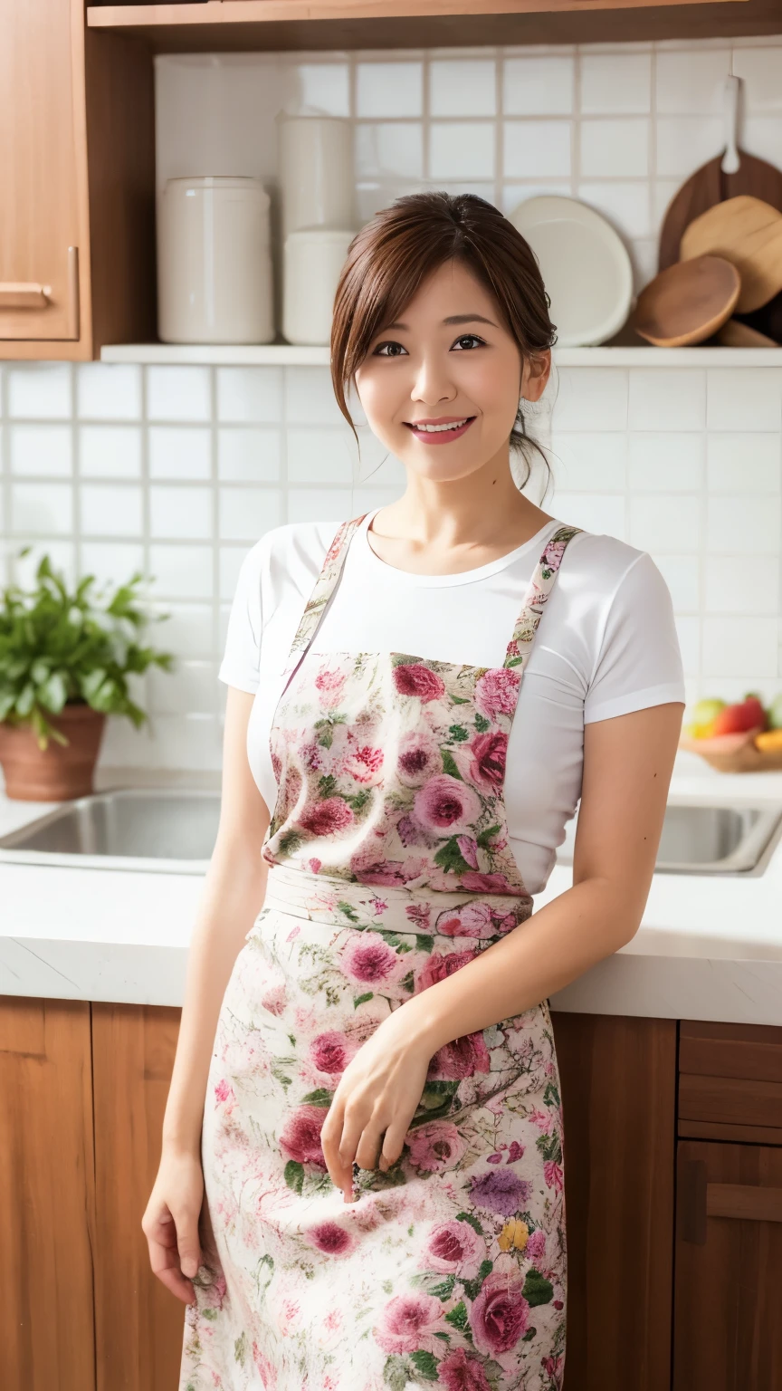 a mature Japanese woman, smile, (curvy body), round face, plum lips, tie brown hair up, (no make-up), in the very bright and clean white kitchen, in the morning, wearing an red floral design apron over a white T-shirt, long skirt, high quality, portrait, photogenic, realistic, 8K,