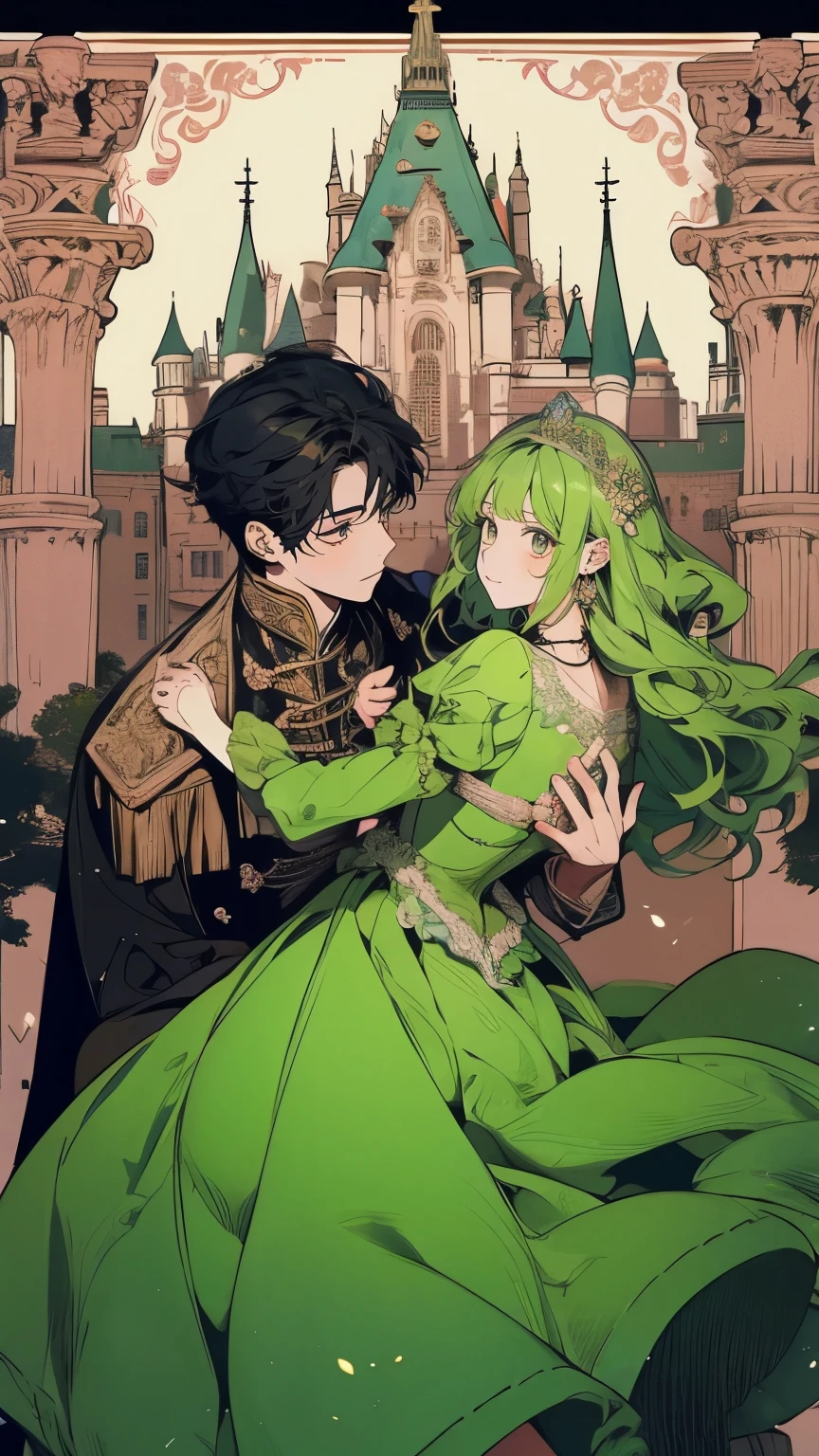 Princess、Prince、Green Long Dress、Dance、Castle、smile