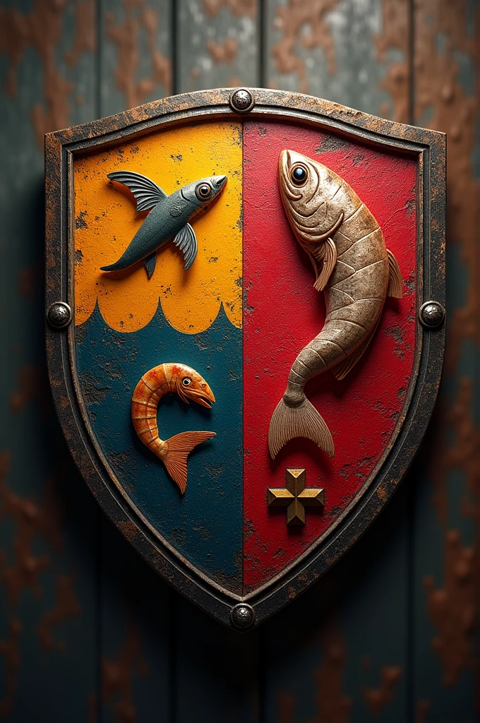 Football shield with symbols of meat and seafood , Named Surf And Turf FC 