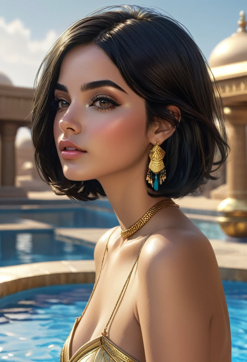 1girl, Egyptian princess, (masterpiece:1.3), (8k, photorealistic, RAW photo, best quality: 1.4), (1girl), beautiful face, (realistic face), (black hair, short hair:1.3), beautiful hairstyle, realistic eyes, beautiful detailed eyes, , cute, young, slim, gold jewelry, nude, shiny skin, princess's chambers, canopy, sky, pool, back view, looking back, closeup, from below, low angle, spread ass, naughty_face, blush, parted lips, half-closed_eyes, ExpressiveH