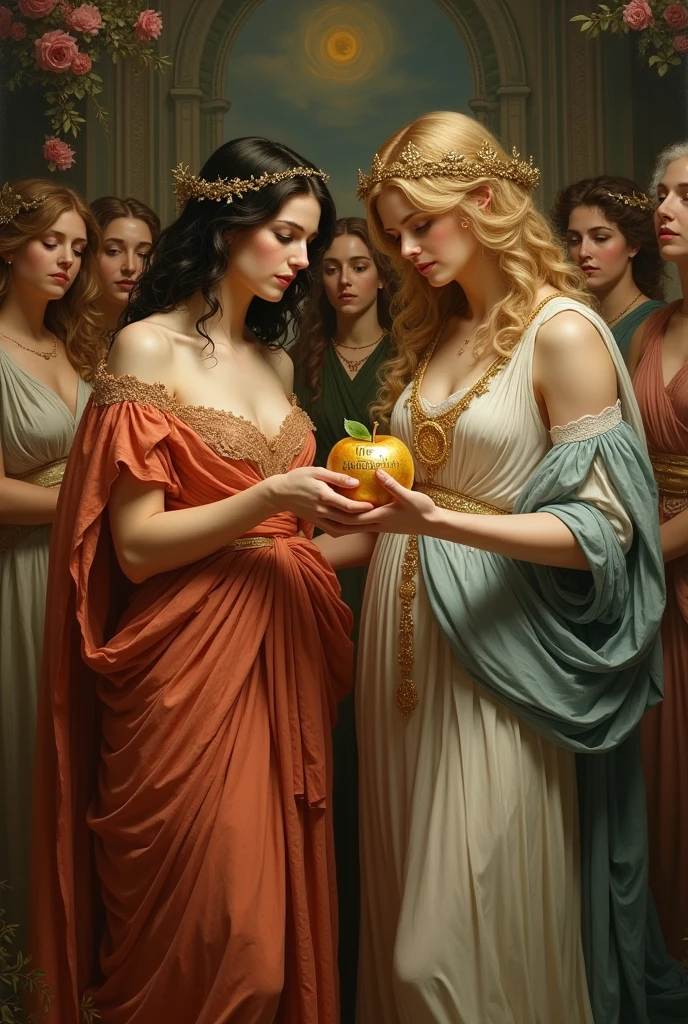 Goddess Eris giving the apple of discord to the goddess Thetis at her wedding.
a golden apple bearing an inscription that says "for the most beautiful"