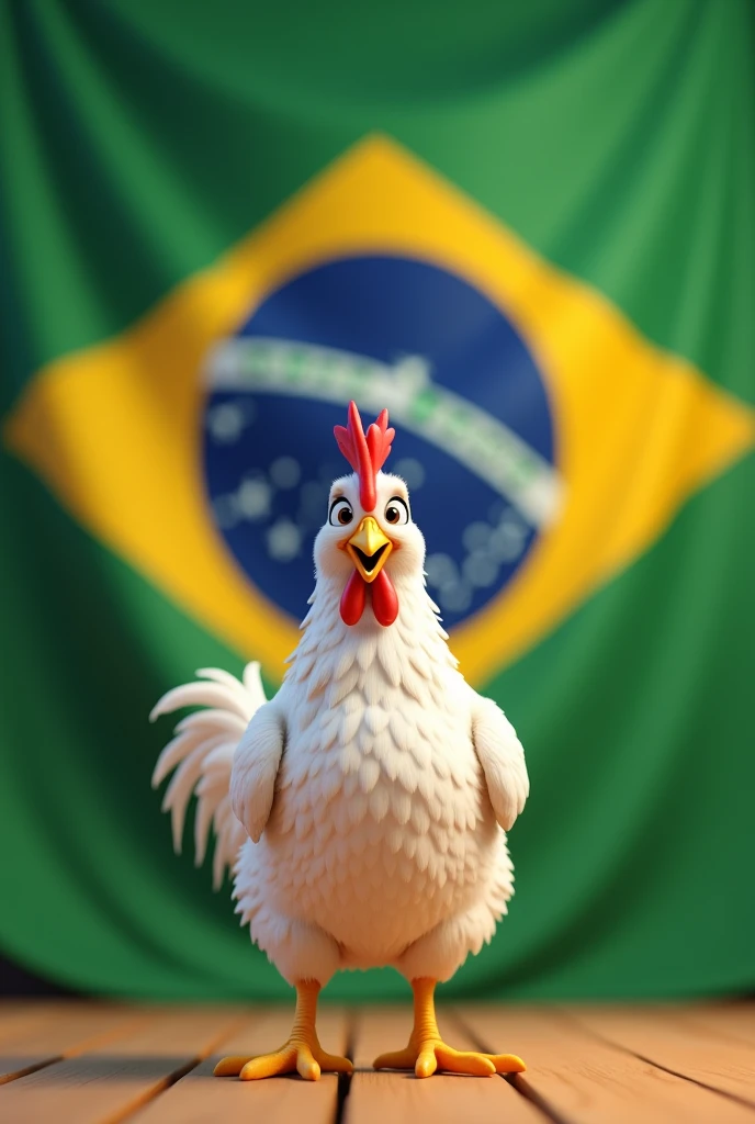 Small chicken animated with the Brazilian flag behind it