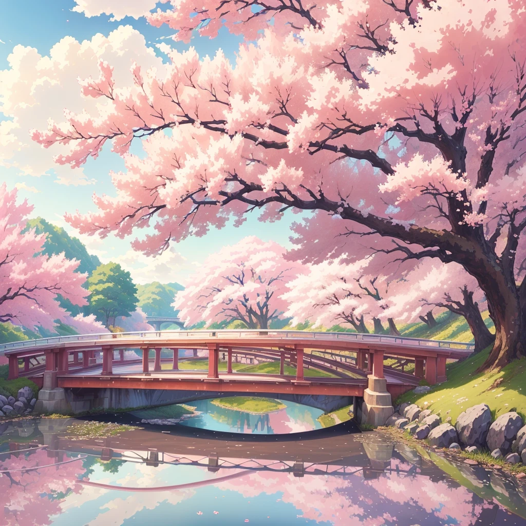 Anime landscapes of a bridge over a river with a cherry tree, anime background art, Cherry forest, background artwork, decorations, anime background, background art, landscape art in detail, gaming background, Anime Art Wallpaper 4k, anime art wallpaper 4k, anime landscape, detailed digital painting, Anime landscapes, beautiful Anime landscapes, anime landscape wallpaper, anime nature