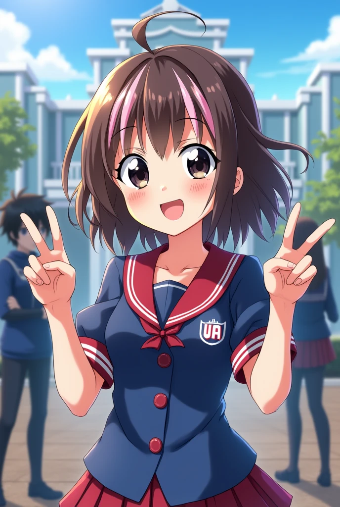 (anime-style image of My Hero Academia by Horikoshi) Girl in UA sports         
uniform (blue with red), big black eyes, semi short brown hair with some          light pink  strands slightly wavy with long fringes, she is smiling doing peace  pose in the  background you see the school with some characters from           Boku no Hero Academia